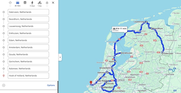 De afgelegde route volgens Google Maps