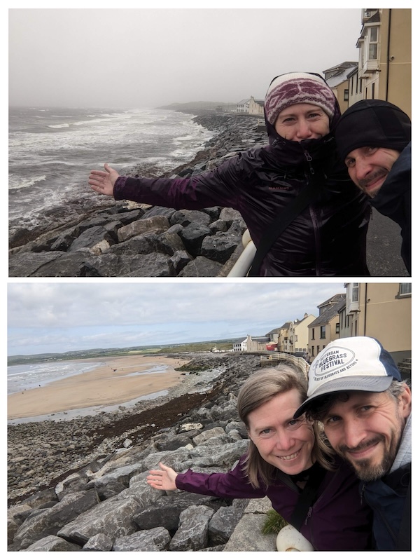 Het weer op het strand van Lahinch bij aankomst en 24 uur later, foto Honza Bartošek