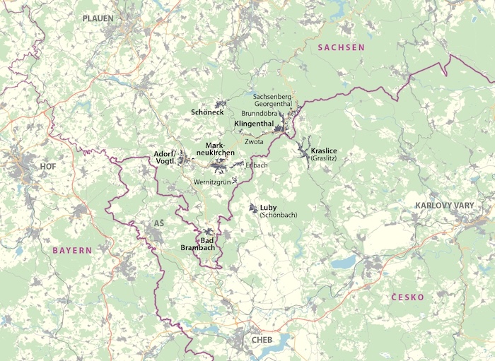 De muziekhoek in Saksen (DE) en Bohemen (CZ). Bron: Wikipedia / OpenStreetMap.